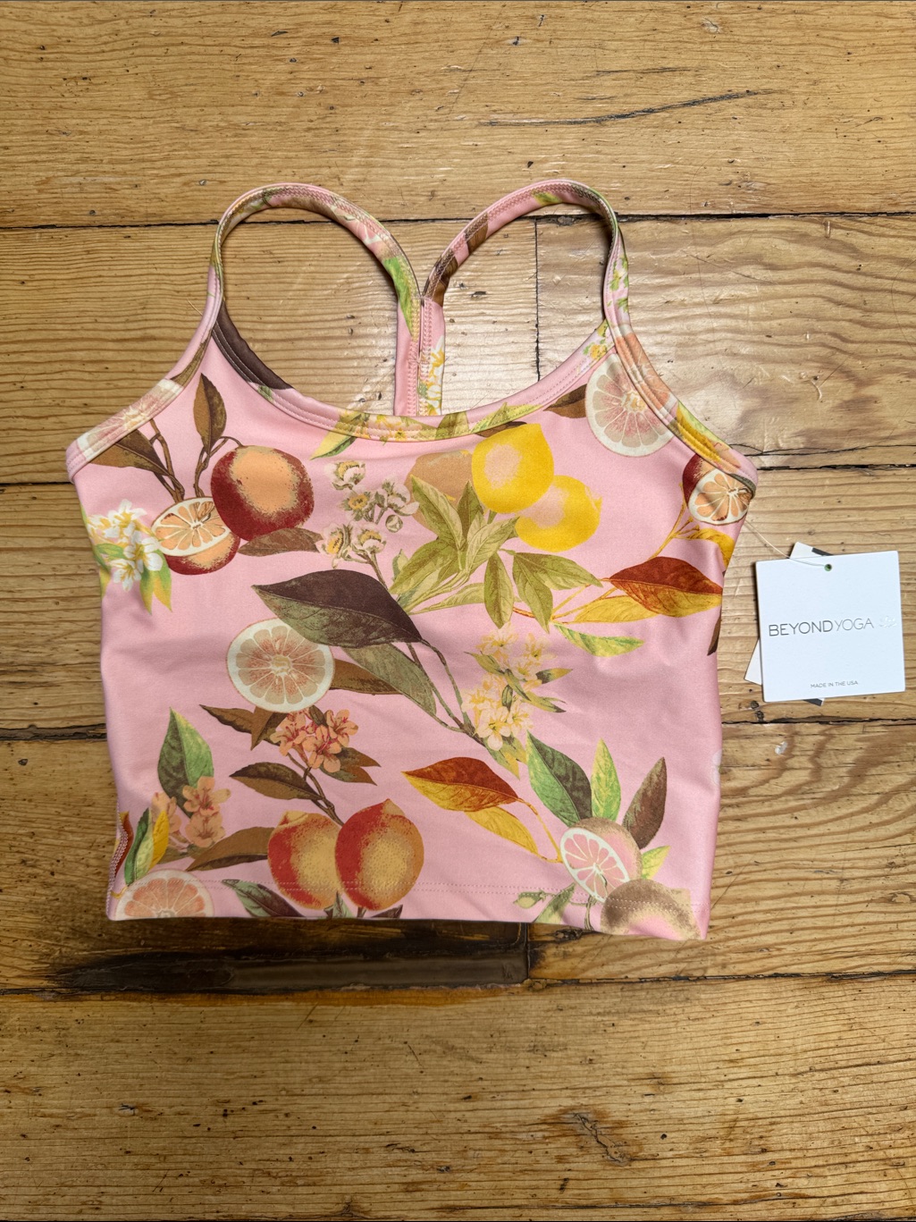 Beyond Yoga Pink Citrus & Botanical Racerback Crop